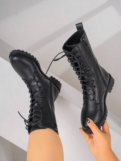 Women's Fashionable Lace-Up Mid-Calf Boots, Motorcycle Boots, Short Boots, High-Top Anti-Slip Boots, Casual & Comfortable With Side Zipper, For Outdoor, Riding, Autumn/Winter, Black, Plus Size Wide Fit