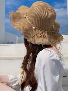 Women's Wide Brim Straw Sun Hat For Summer Beach, Casual Bohemian Vintage Style, Elegant UPF Protection Hat With Bowknot Decoration, Suitable For Spring And Summer - Straw Hat - View 12