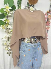 T090 XENA Women's Blouse With Bat Sleeve Cape Top, Dropped Shoulder Crepe Dune Neckline, With Underwear - 卡其色 - 查看 2