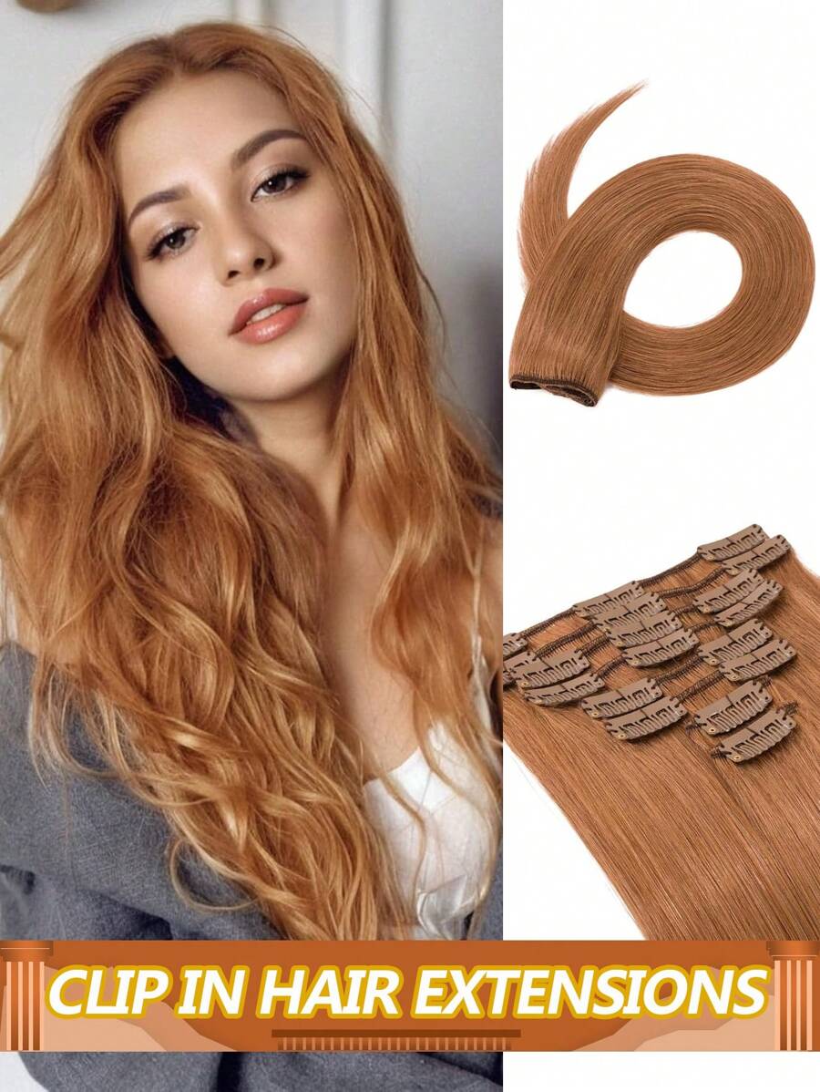 Clip On Hair Extensions Human Hair Auburn Hair Extensions Clip In Human Hair Long Straight Remy Natural Full Head 8pcs Real Hair Extensions For Women #30 Light Auburn Halloween Costumes - S30 - View 1