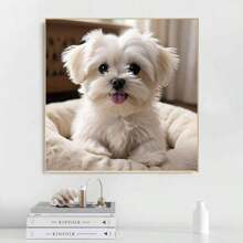 1pc White Dog Theme Round Diamond Painting Kit - Full Drill Diamond Art Canvas DIY Mosaic Craft Set, Including Pen, Glue, Diamond Tray, Diamond Beads. Suitable For Diamond Painting Lovers, Home Wall Decor Gift And Stress Relief