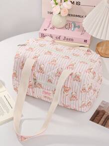 1PC Bowknot Floral Stripe Pattern Quilting Stylish Duffel Bag Girls Weekend Bag Short Trip Tote Bag,Girls Travelling Bag Shoulder Bag, Girls Sport Bag ,Mummy Bag ,Nappy Bag ,Yoga Bag Quilted Zipper Handbag Suitable For Ladies And Girls, Gift For Valentines Gift ,New Year Gift - Multicolor - View 5