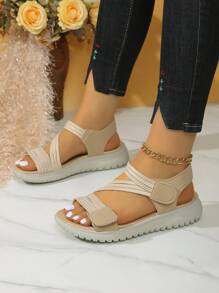 Women's Fashion Hook And Loop Sport Sandals, Lightweight & Comfortable Platform Strap Design, Waterproof Non-Slip Thick-Sole Beach Casual Sporty Outdoor Slippers, Summer - Beige - View 11