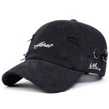 AR 1pc Men's Iron Ring Baseball Cap, Distressed Embroidery Sports Hat, Adjustable Outdoor Sun Protective Casual Cap, Suitable For Spring/Autumn Trips, Travel, Beach, Party
