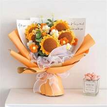 Handmade Bouquet Of Permanent Knitted Flower Sunflower Rose Puff, Therapeutic Preserved Flower, Birthday/Graduation Gift
