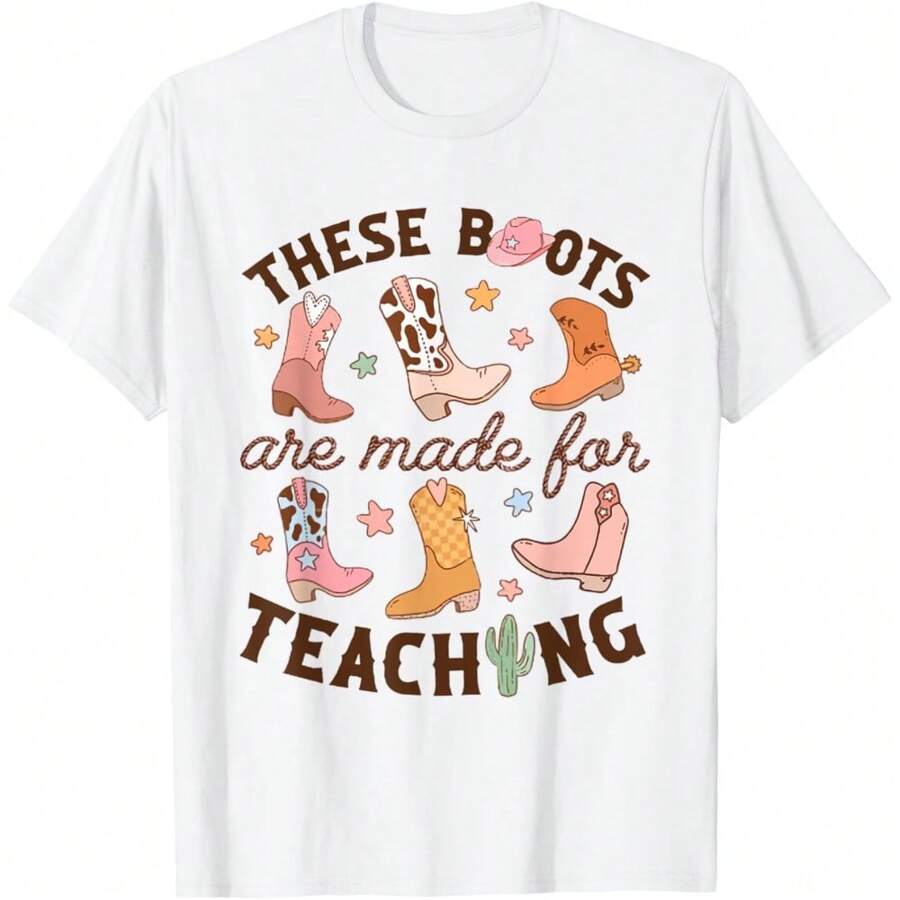 Camiseta de profesor vaquero "Estos Zapatos Están Hechos para Enseñar en la Escuela", 100% algodón de manga corta clásica de tela gruesa - Blanco - Ver 1
