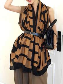 1 件亚麻印花围巾，防晒又透气，可作连衣裙披肩 - 棕色 - 查看 3