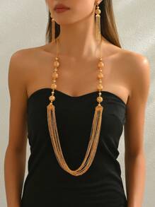 Set de 2 piezas de collar largo con borlas y aretes de perlas falsas, elegante cadena para suéter, ideal para boda, fiesta, Eid Al-Fitr