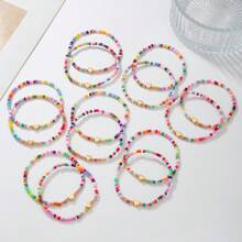 14pcs/Set Girls' Cute Bohemian Style Colorful Beaded Heart Bracelets, Elastic Multi-Layer Stacking, Suitable For Daily Wear Or Holidays
