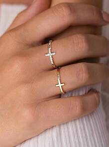 2 件经典简约镂空十字水钻戒指，女士时尚珠宝配饰，适合日常佩戴和节日 - 金色 - 查看 2