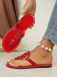 Giày sandal nữ thanh lịch, sandal đế bằng nữ, sandal đi biển mùa hè, sandal đế bằng thoáng khí, sandal đế chống trơn trượt, sandal quai ngang thời trang. Sandal nghỉ dưỡng biển, sandal đế bằng mang hàng ngày. Sandal dự tiệc nữ. Sandal thiết kế khoét rỗng. - Đỏ - Xem 6