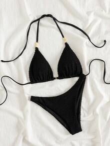 2 件性感女士泳衣套装，黑色比基尼，新款欧美时尚沙滩装，女士泳衣，夏季泳装，涤纶波浪纹，露背系带，适合海滩、泳池派对