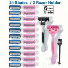 2pcs/Set Unisex Manual Razor Kit, 2 Handles + 24 Razor Blades, Safety Shaving Razor, 6-Layer Stainless Steel Replaceable Shaving Head, Shaving Tool - Six-layer Color Combination/2 Knife Holders/24 Blades/cleaning Brush - View 2