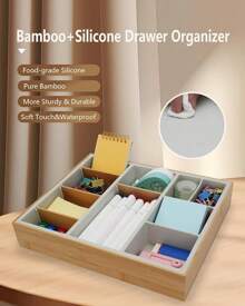 Bamboo Desk Drawer Organizer Tray, Silicone Sturdy Junk Drawer Organizer With 10 Adjustable Compartments, Desk Organizers And Accessories With 4 Removable Dividers For Office Home (White) - 白色 - 查看 4