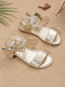 Sandalias de moda de verano para niños, con decoración de lazo, punta redonda plana, calzado casual para playa, adecuado para uso diario de niñas al aire libre