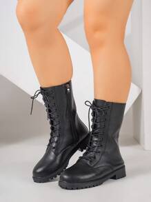 Women's Fashionable Lace-Up Mid-Calf Boots, Motorcycle Boots, Short Boots, High-Top Anti-Slip Boots, Casual & Comfortable With Side Zipper, For Outdoor, Riding, Autumn/Winter, Black, Plus Size
