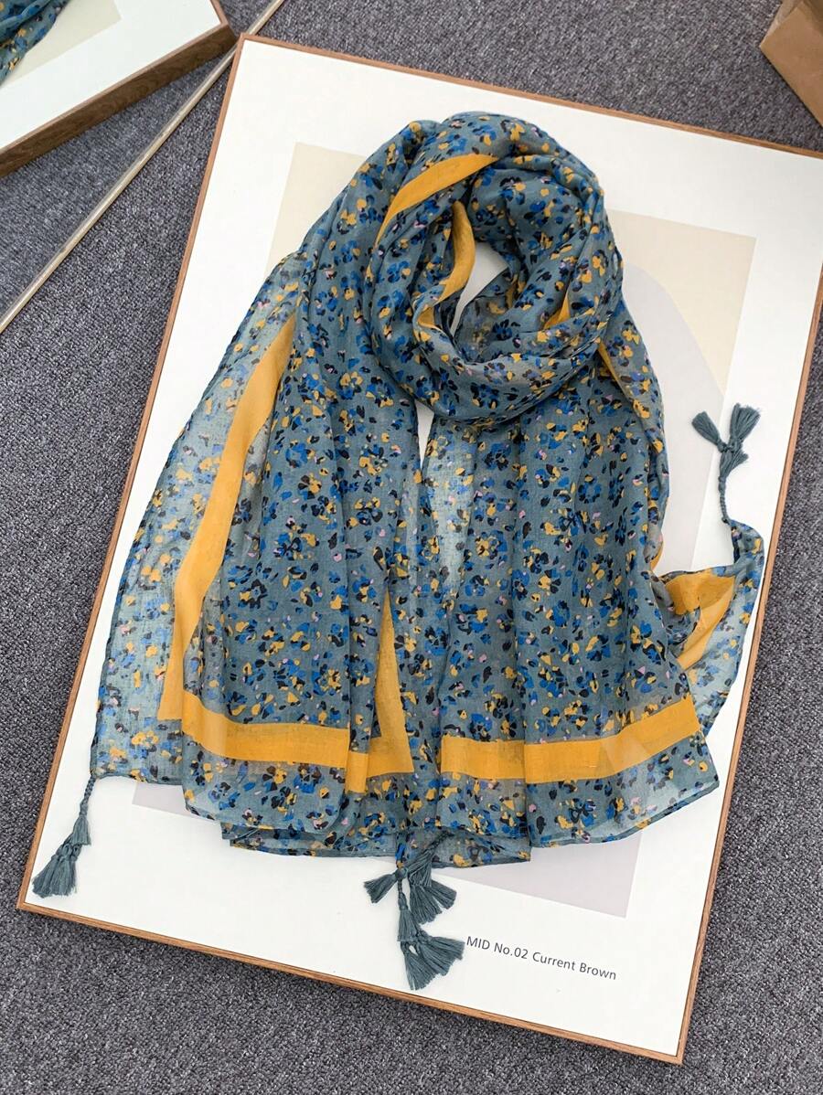 1pc Spring/Autumn Floral Print Tassel Scarf/Beach Towel - Yellow - View 1