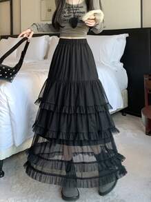Layered Micro-Sheer Mesh High Waisted Flared Ballerina Skirt, Spring/Summer 2025, Slimming A-Line Design Casual Black - Black - View 6