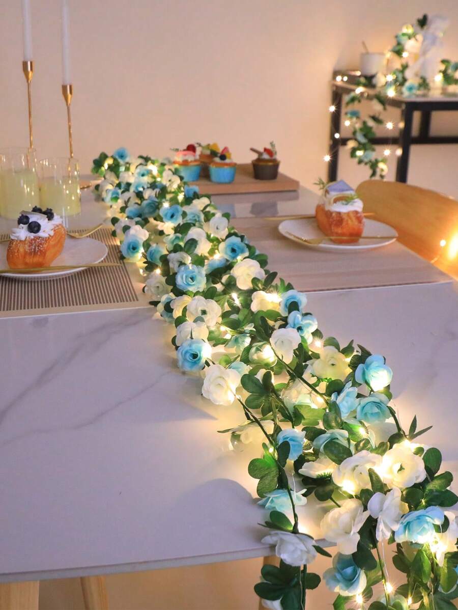 1pc 24LED 2.4M Blue+White Small Rose Vine String Light, For Balcony, Window, Bedroom, Dining Room, Garden Decor, Desktop, Romantic Decoration, All Seasons