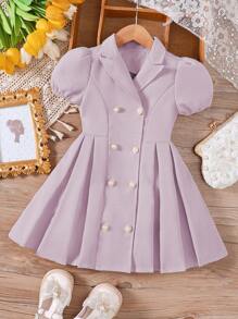 Young Girls Puff Sleeve Double-Breasted Collared Dress, Elegant Style For Spring & Summer - Purple - View 3