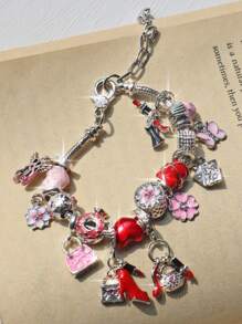 1 件成人纪念手链、现代女性古钱风格手链、经典口红吊坠手链、粉色樱花可调节手链 - 銀色 - 查看 6