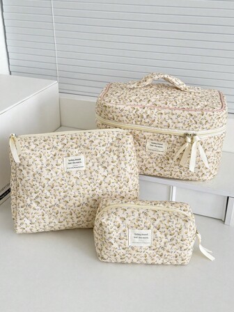 1 件/套灯芯绒黄色花卉印花图案多功能化妆品收纳包钱包袋便携式化妆品刷收纳包带拉链开合适用于口红、刷子、护肤品、手机、硬币、小物品，适用于家庭、旅行