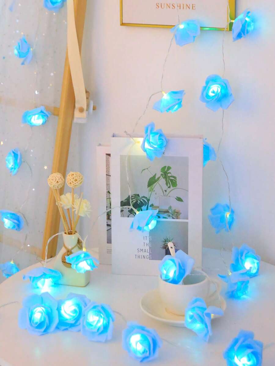 1pc 10/20 Lights 1.5/3 Meters Rose Flower String Lights, Romantic Fairy Lights For Room Decor, Birthday Party, Wedding, Proposal, Valentine's Day Gift - Blue - View 1