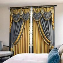 2pcs Black And Gold Palace Style Curtain With Canopy Pattern, Luxury Vintage Decor, Digital Printing Technology, Intricate Floral Design With Delicate Accents. Made Of Polyester, Suitable For Living Room To Showcase Nobility, Bedroom To Create Opulent Ambience, Also Applicable For Study, Hotel, Restaurant And Other Spaces To Elevate Interior