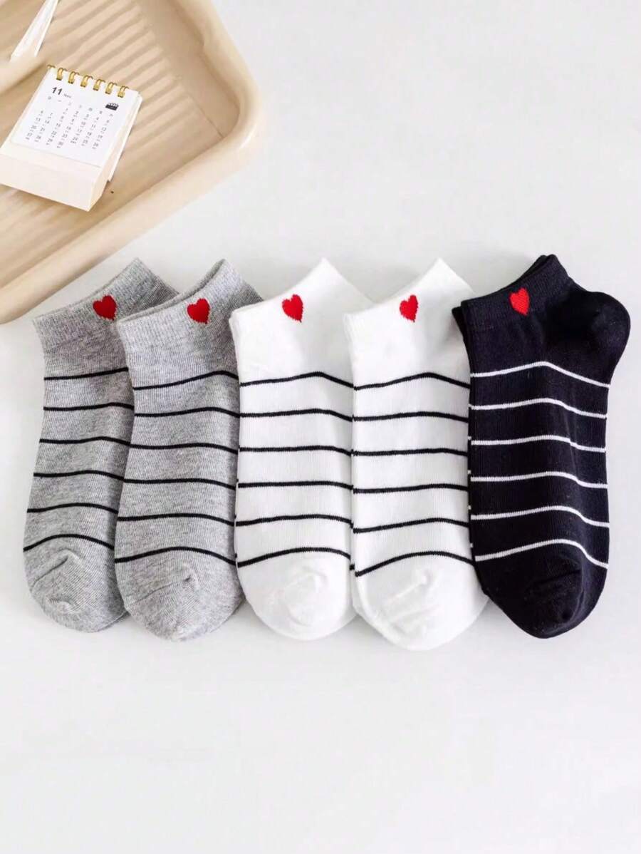 5 Pairs Heart Striped Breathable Ankle Socks, Suitable For Home And Office, Randomly Shipped - Multicolor - View 1