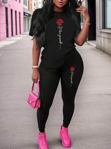 Rose Casual Spring/Summer Two Pieces Set, Crew-Neck Short-Sleeved T-Shirt And Pants Set, Women's Clothing