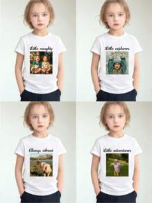 Personalized Pattern & Text Customization, Customize Your Child's Photo/Group Photo/Pet/Landscape, Birthday/Anniversary Holiday Pattern Customization, Team/Outdoor/Class Uniform Customization, Girls' Short Sleeve Round Neck T-Shirt, Customized Gifts, Cultural T-Shirts, Summer Girls' Top