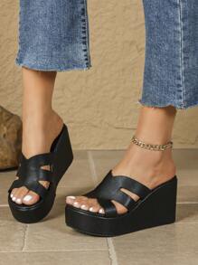 Dames Platform Slip-On Sandalen, Lente/Zomer Nieuwe Chunky Wedge Hak Band Zwarte Muiltjes Pantoffels, Dikke Zool Mode Ronde Neus PU Waterdichte Casual Schoenen, Veelzijdige Grote Maat