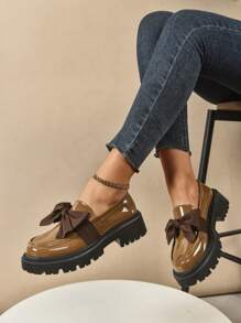 Sweet Style Bowknot Loafers For Women, Round Toe Low Heeled Slip-On Casual Shoes - 2025 New - Khaki - View 5