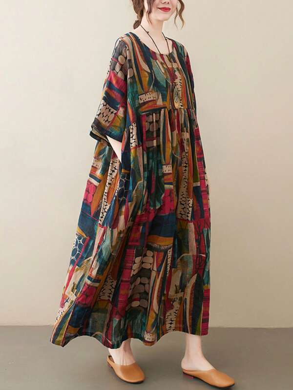 Ladies Plus-Size Elegant Dresses, Tops, Everyday Dresses, 2025 Summer Crew-Neck Sleeved Loose Print Dress, Casual Holiday Bohemian Beach Dress, Casual Print