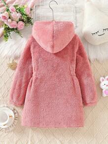 Girls Winter Plush Solid Color Hooded Button Waist Design Girls Jacket Coat.