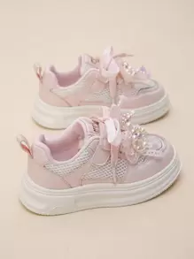 Girls' Spring Athletic Lace-Up Sneakers, Bowknot Rhinestone Decor, Kids Casual Running Shoes