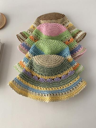 1pc Women's Rainbow Striped Hollow-Out Straw Hat, Summer Beach Vacation Sunscreen Woven Bucket Hat, Colorful Striped Handmade Straw Hat For Women, Summer Beach Sun Hat