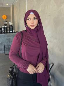 1pc Women's Muslim Hijab, Solid Color Chiffon Scarf, Suitable For All Seasons Daily Wear - Purple - View 2