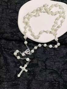 1pc Rose Resin Cross Necklace With Jesus Ascension & Water Baptism Design, Niche Layered Necklace For Women, Sweater Chain - White - View 6