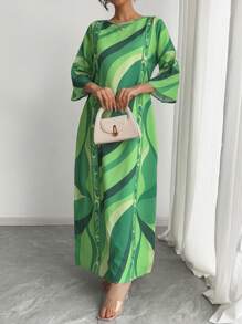 Traditional Arabian Attire, Elegant Middle Eastern Style Dress, Comfortable Loose Breathable Round Neck 3/4 Sleeve Luxurious Party Vacation Wear Summer Autumn - Green - View 6