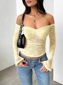GAOVOT Women's Fall Top Y2K Sexy Slim One Line Shoulder Long Sleeve Lace Top