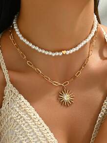 2pcs Bohemian Style Multi-Layer Pearl Heart & Sun Pendant Beaded Necklace, Suitable For Women Beach Vacation Wear