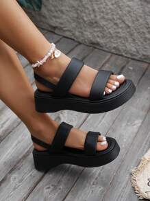 女士厚底坡跟凉鞋，夏季新款黑色沙滩拖鞋休闲百搭罗马凉鞋 - 黑色 - 查看 4