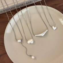 1pc Silver Brushed Minimalist Asymmetrical Geometric Heart Design Unique Statement Necklace - Necklace - View 10