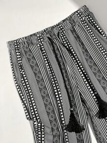 Pantalones casuales y elegantes de pierna recta y suelta con estampado texturizado bohemio para vacaciones - Blanco y Negro - Ver 5