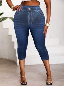 Plus Size Women Tight-Fitting 3/4 Length Pants, Elegant Bowknot 3D Print Design, High Elasticity
