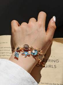 سوار الشرفة المستوحى من أعماق البحر الأزرق بقلادة نجم البحر والصدف، سوار الشرفة بالطراز البوهيمي الأنيق، سوار الشرفة أرض الأحلام السحرية ، قطعة واحدة - الأزرق - مشاهدة 5