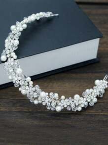 1pc Handmade Faux Pearl Crystal Twist Beads Soft Chain Hair Band, Alloy Rhinestone Crown Bridal Headpiece Valentine's Day Accessories - White - View 5