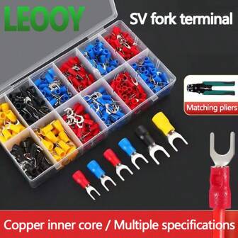 leooy SV High-Grade Brass U-Type Wire Connector Kit - Durable, Reliable Crimping Terminals With PVC Insulation, Easy Insertion, Electrical Connection, Cold Pressed Lugs, Brass U-Type Forked Pre-Insulated Terminals, Copper Lugs