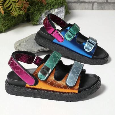2025 Summer New Candy Color Thick Sole Hook And Loop Beach Sandals, Outdoor Wear